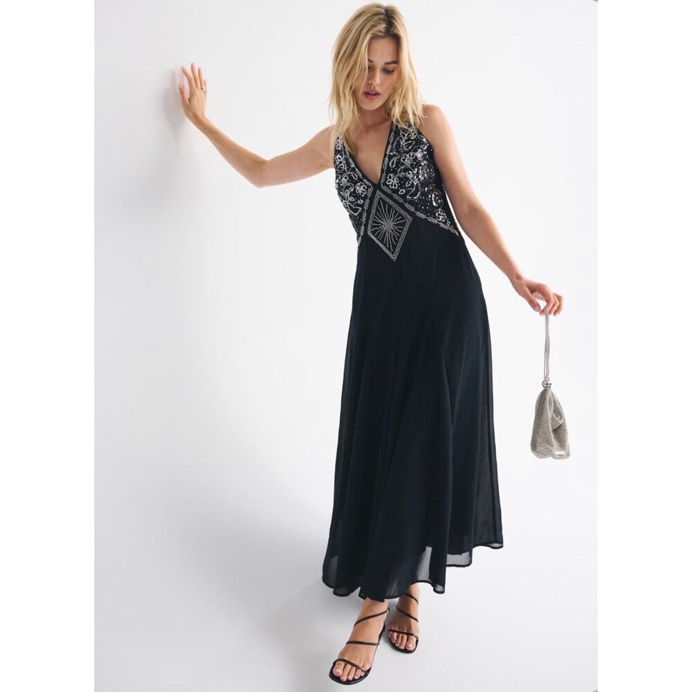 NWT Abercrombie & Fitch Beaded Plunge Maxi Dress Sheer Crepe - Large (12-14)